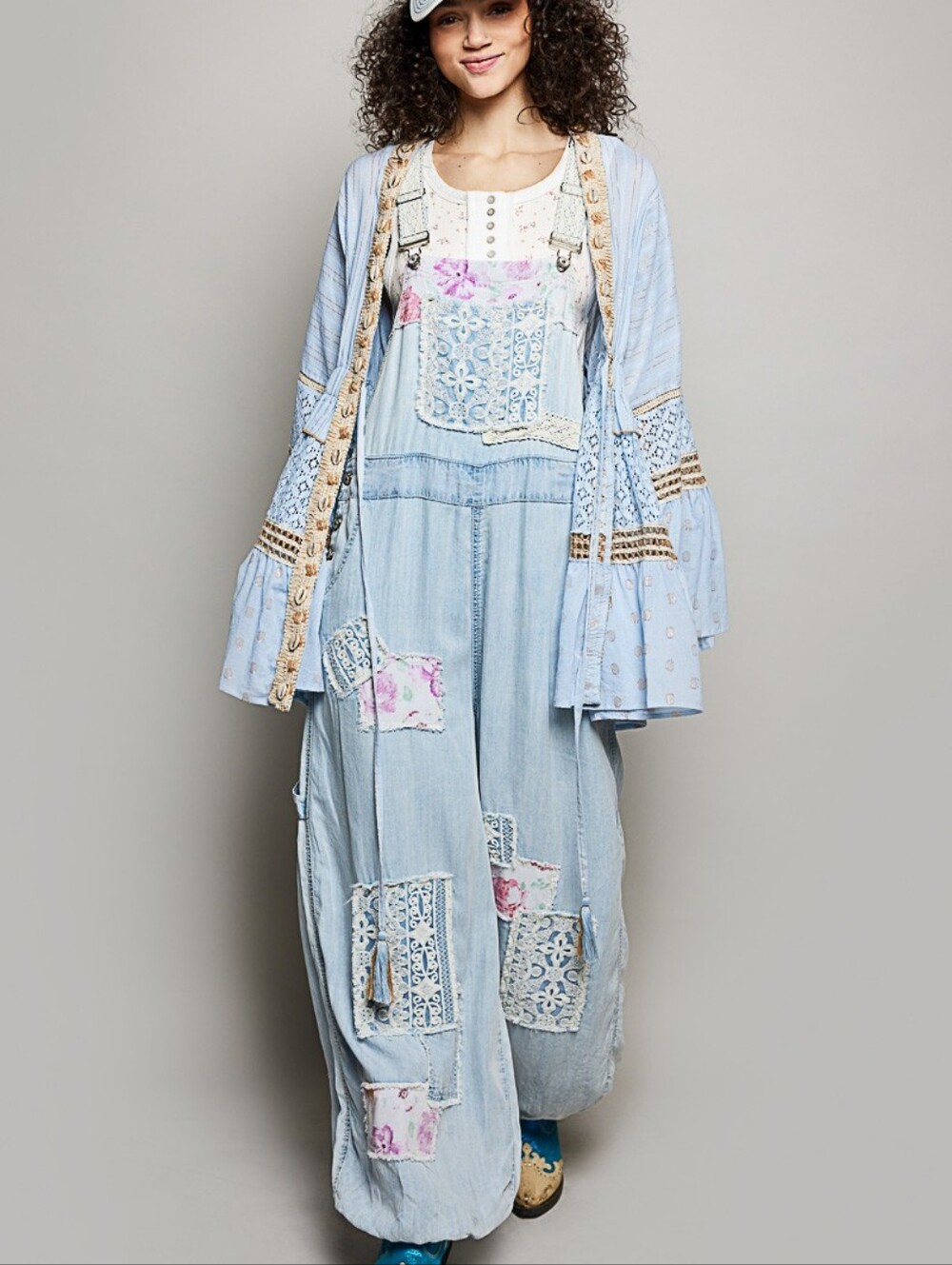 POL Powder Blue Gold Metallic Lace Seashell Boho Kimono Cardigan Style SMQG2 - Picture 4 of 9